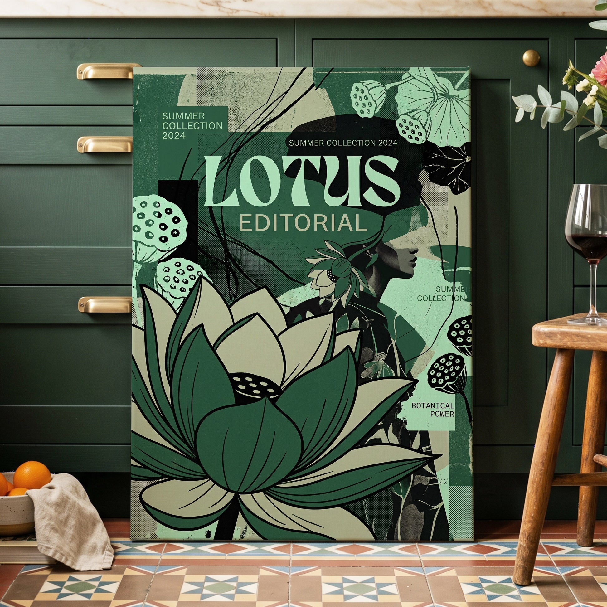 Verdant Lotus Editorial, green, black, beige floral wall art on canvas displayed in a styled interior, gallery view 1