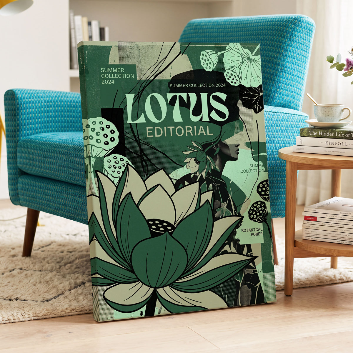 Verdant Lotus Editorial, green, black, beige floral wall art on canvas displayed in a styled interior, gallery view 2