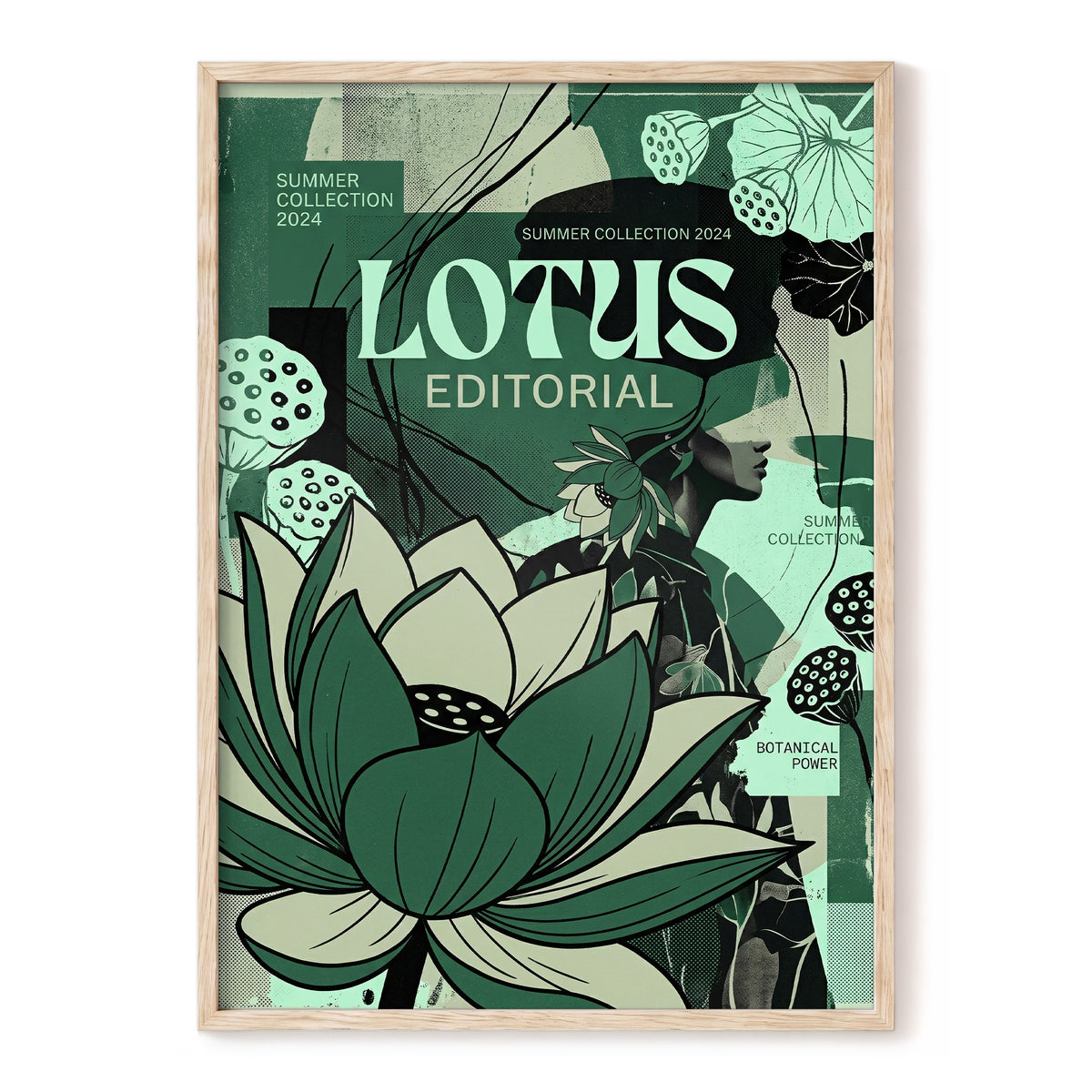 Verdant Lotus Editorial, green, black, beige floral wall art, front artwork view
