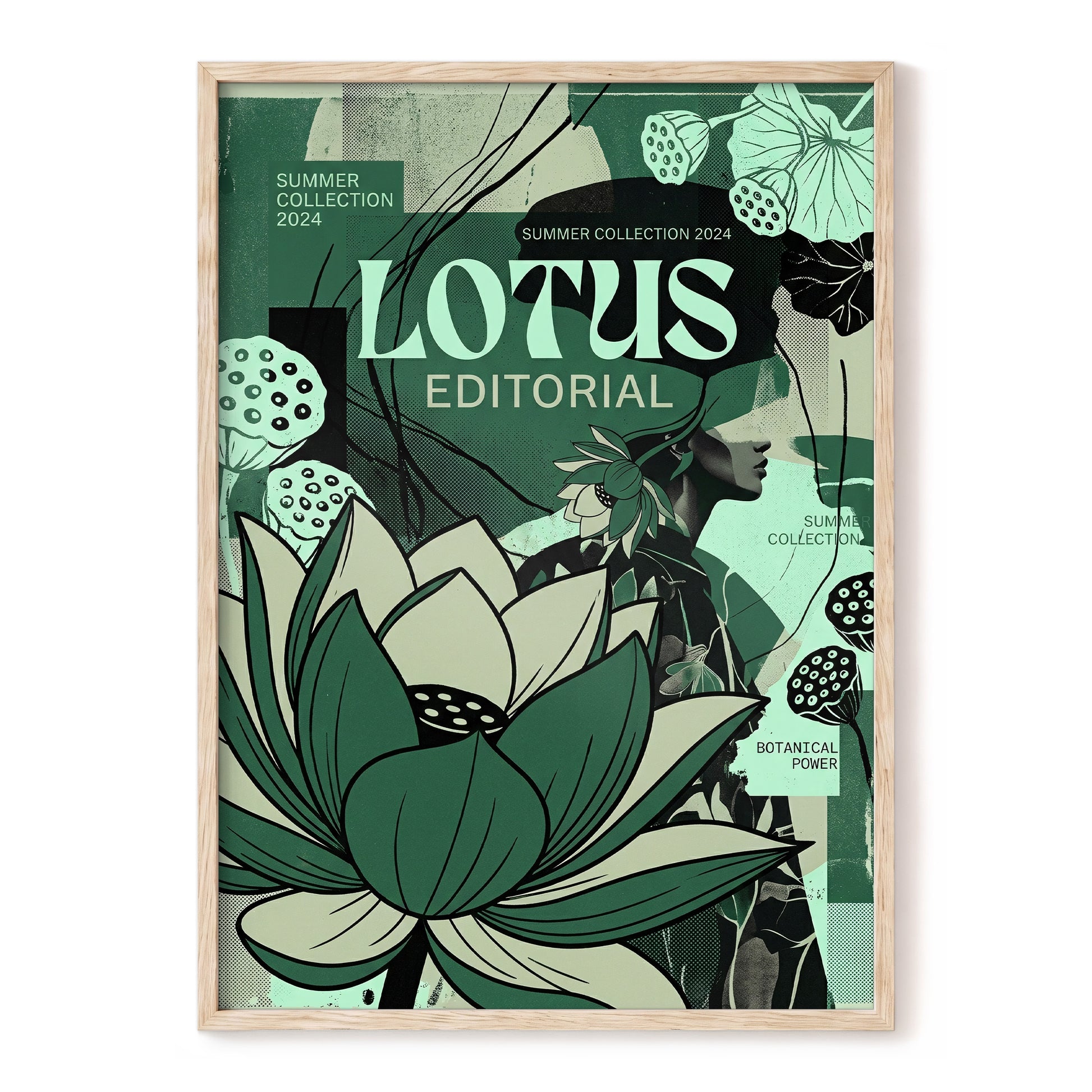 Verdant Lotus Editorial, green, black, beige floral wall art, front artwork view