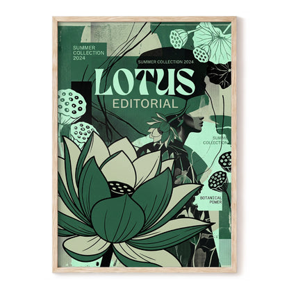 Verdant Lotus Editorial, green, black, beige floral wall art, front artwork view