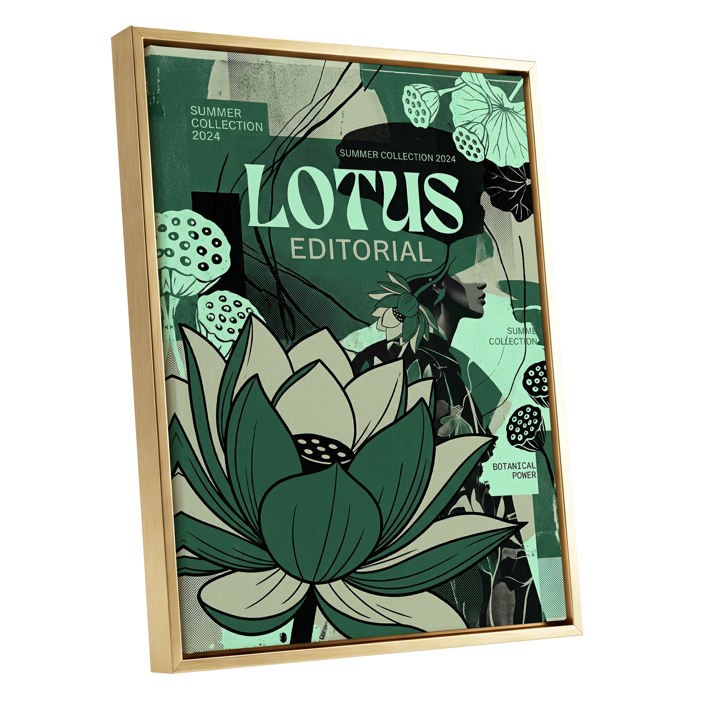 Verdant Lotus Editorial, green, black, beige floral wall art shown as a gold framed canvas wall art