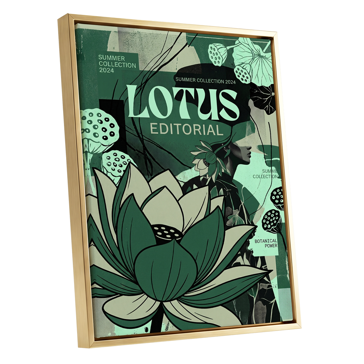 Verdant Lotus Editorial, green, black, beige floral wall art shown as a gold framed canvas wall art
