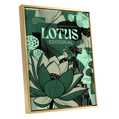 Verdant Lotus Editorial, green, black, beige floral wall art shown as a gold framed canvas wall art
