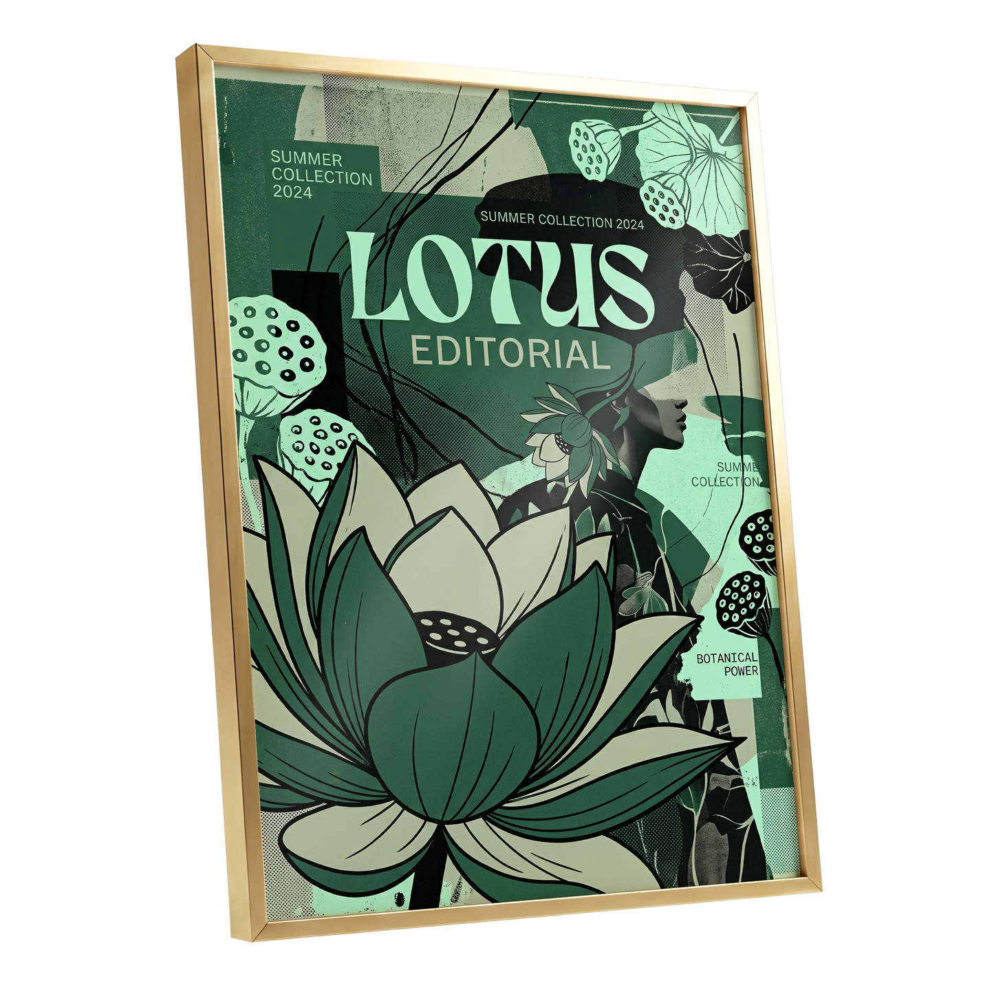 Verdant Lotus Editorial, green, black, beige floral wall art shown as a gold framed poster wall art print