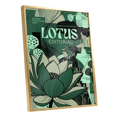 Verdant Lotus Editorial, green, black, beige floral wall art shown as a gold framed poster wall art print