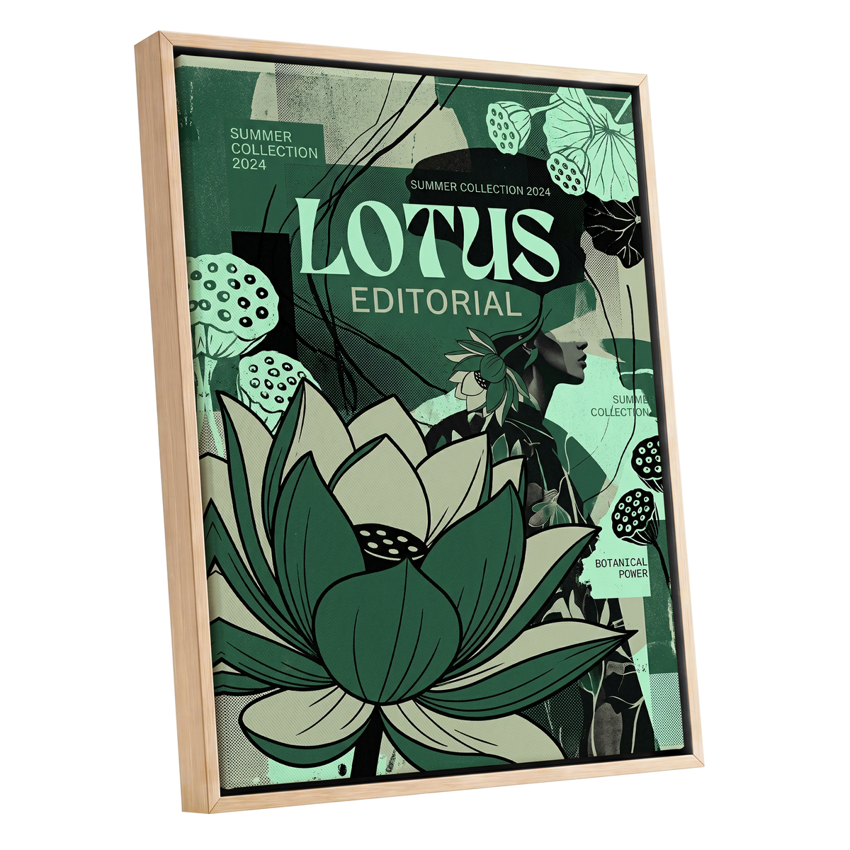 Verdant Lotus Editorial, green, black, beige floral wall art shown as a oak framed canvas wall art