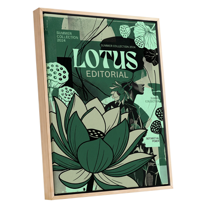 Verdant Lotus Editorial, green, black, beige floral wall art shown as a oak framed canvas wall art