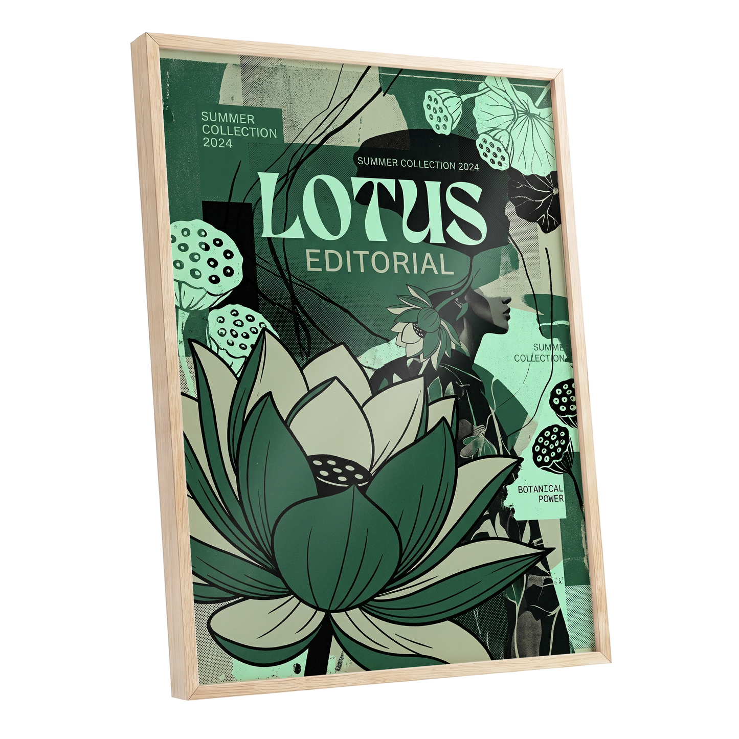 Verdant Lotus Editorial, green, black, beige floral wall art shown as a oak framed poster wall art print