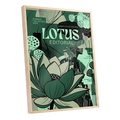 Verdant Lotus Editorial, green, black, beige floral wall art shown as a oak framed poster wall art print