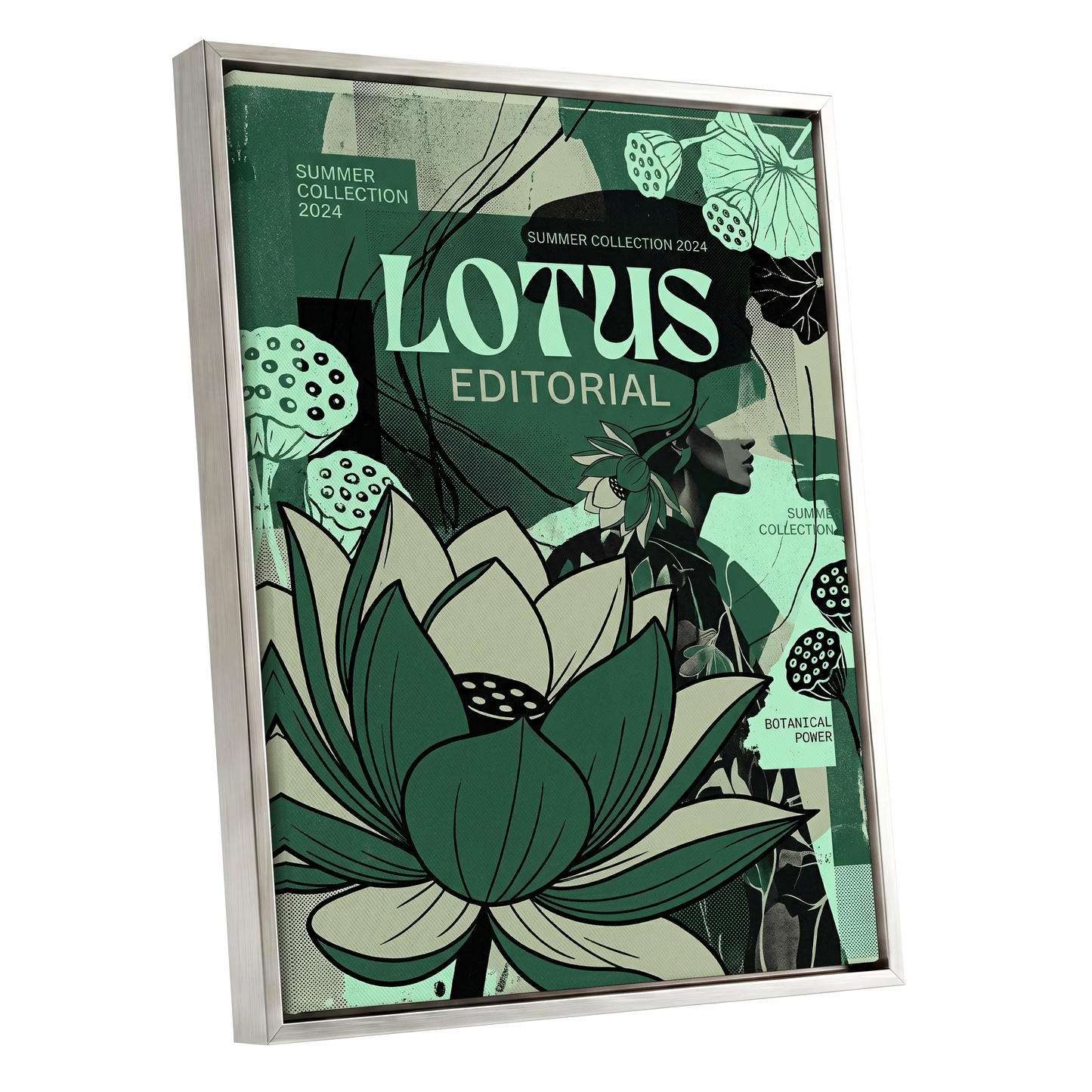 Verdant Lotus Editorial, green, black, beige floral wall art shown as a silver framed canvas wall art