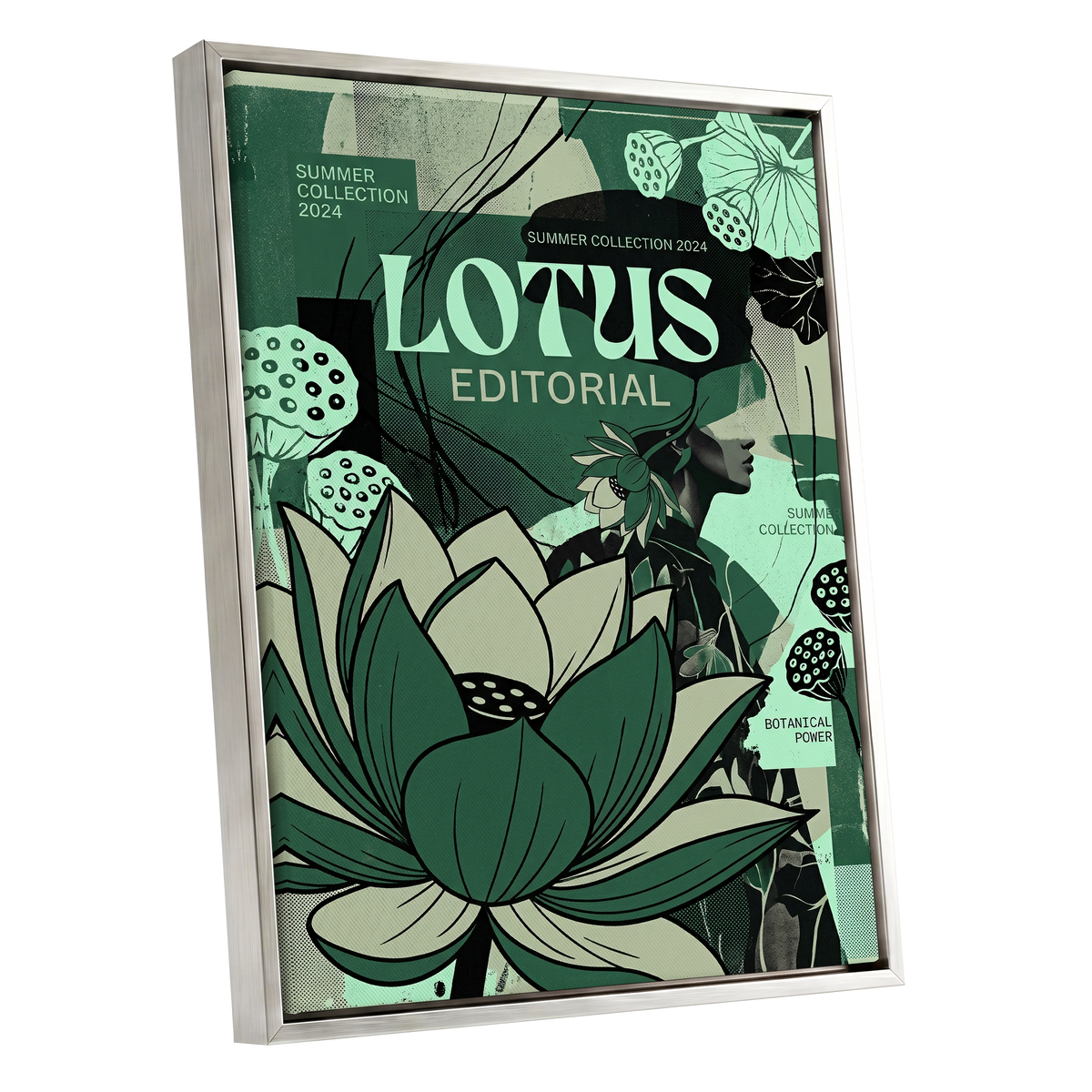 Verdant Lotus Editorial, green, black, beige floral wall art shown as a silver framed canvas wall art