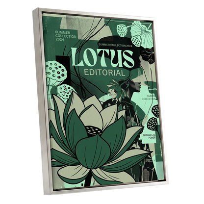 Verdant Lotus Editorial, green, black, beige floral wall art shown as a silver framed canvas wall art