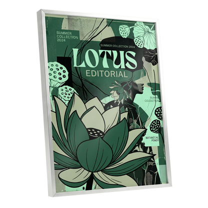Verdant Lotus Editorial, green, black, beige floral wall art shown as a silver framed poster wall art print
