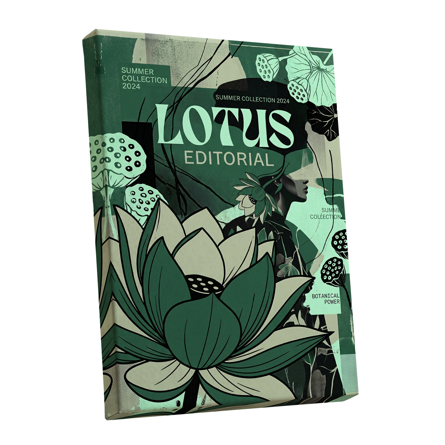Verdant Lotus Editorial, green, black, beige floral wall art shown as a stretched canvas wall art