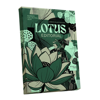 Verdant Lotus Editorial, green, black, beige floral wall art shown as a stretched canvas wall art