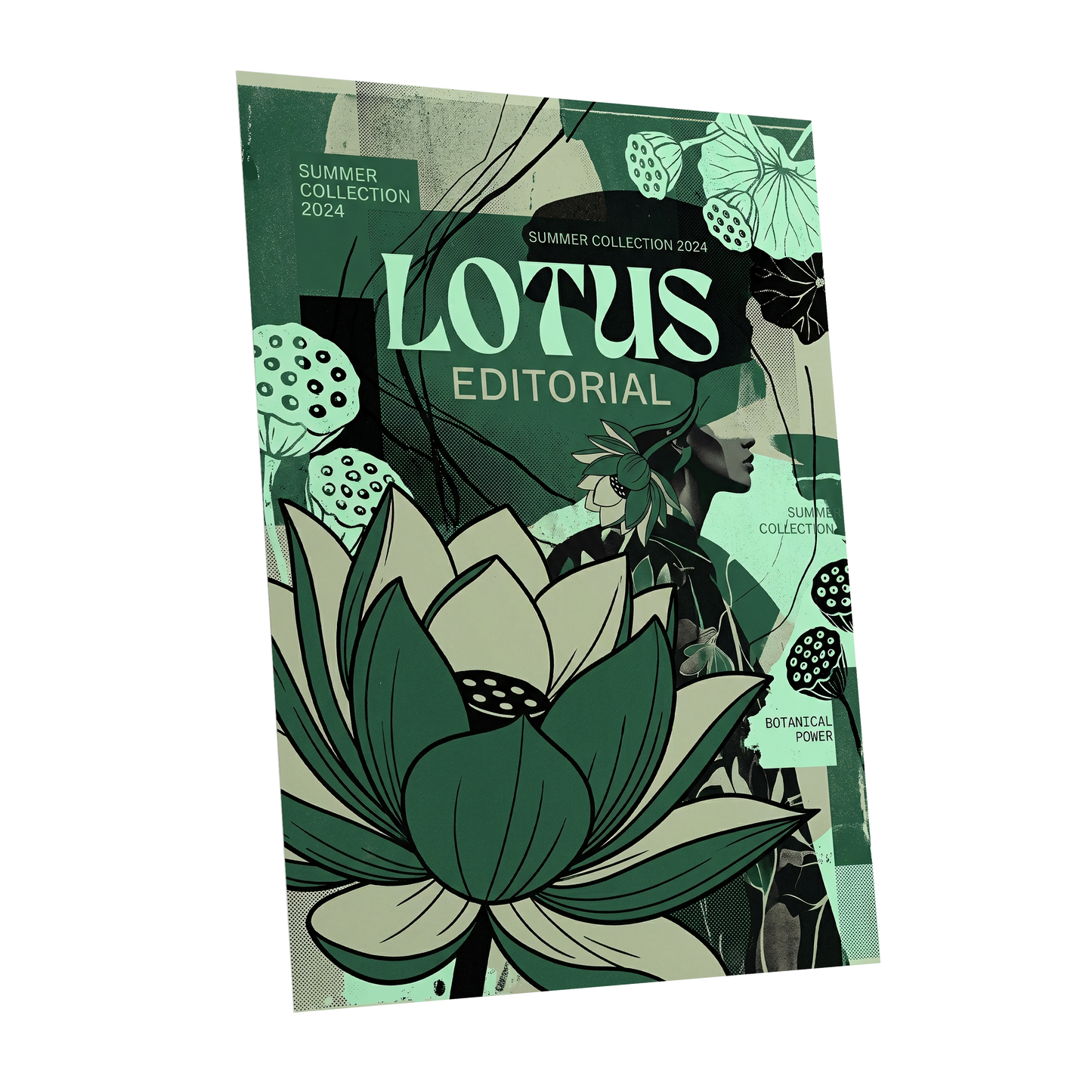 Verdant Lotus Editorial, green, black, beige floral wall art shown as a unframed poster wall art print
