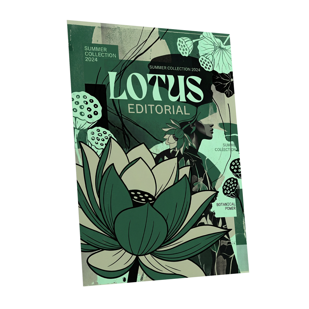 Verdant Lotus Editorial, green, black, beige floral wall art shown as a unframed poster wall art print