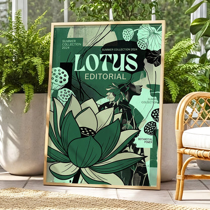 Verdant Lotus Editorial, green, black, beige floral wall art displayed in a styled interior, gallery view 1