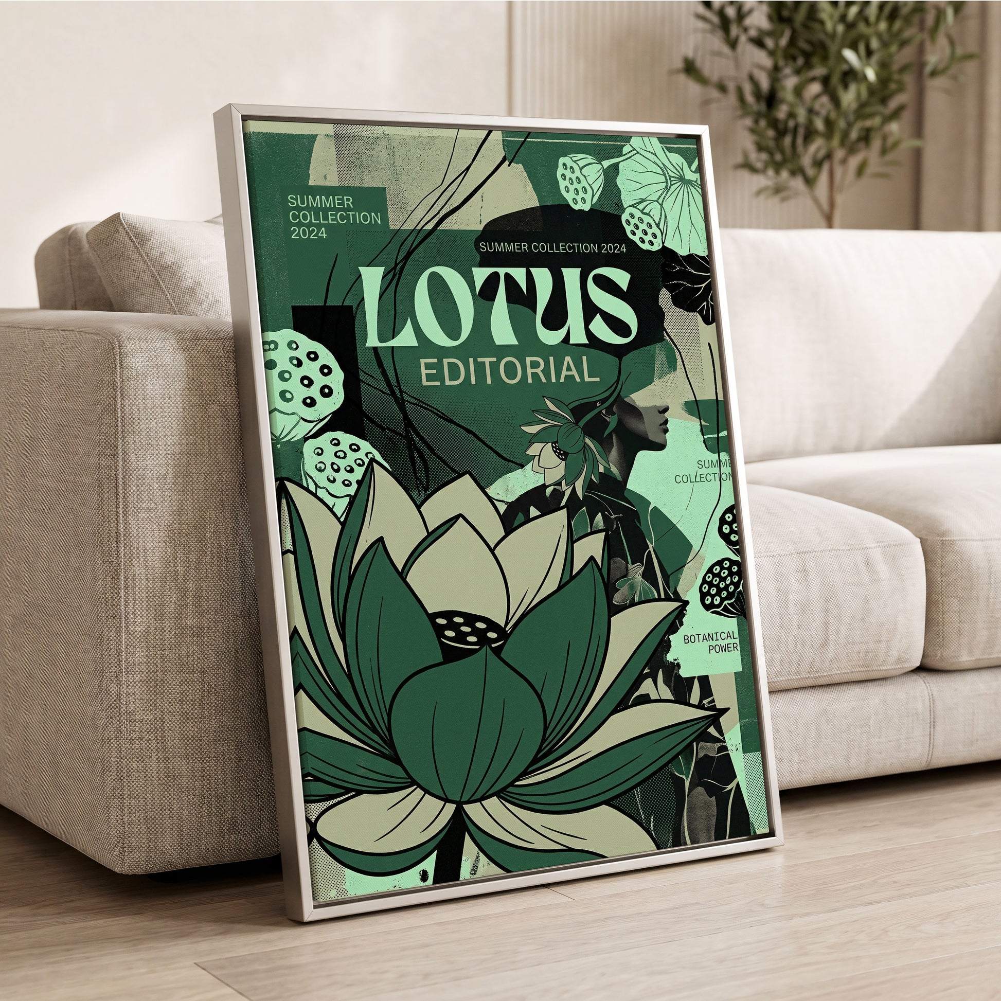 Verdant Lotus Editorial, green, black, beige floral wall art displayed in a styled interior, gallery view 2