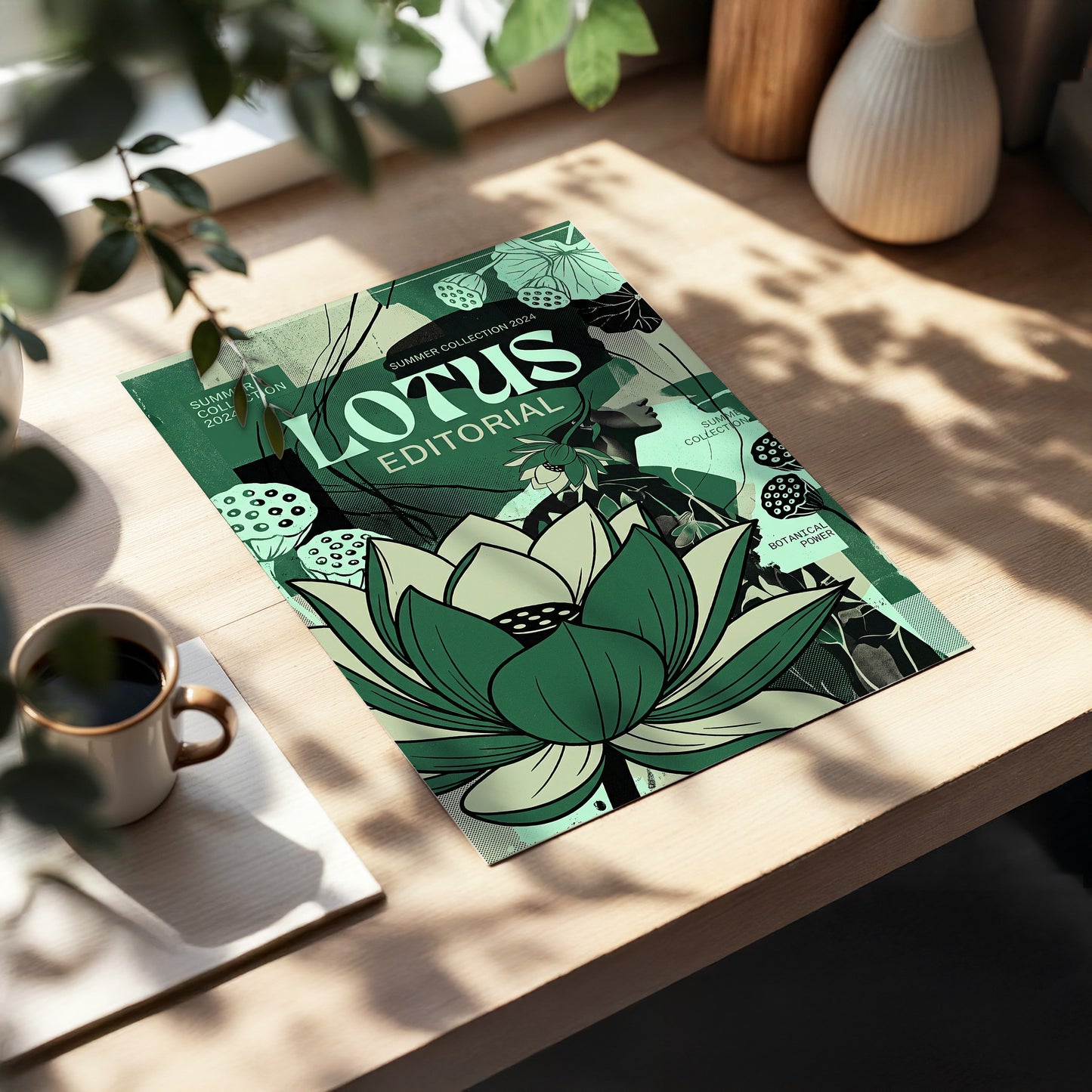 Verdant Lotus Editorial, green, black, beige floral wall art displayed in a styled interior, gallery view 3