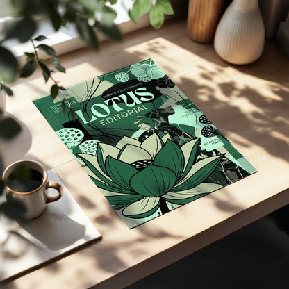 Verdant Lotus Editorial, green, black, beige floral wall art displayed in a styled interior, gallery view 3
