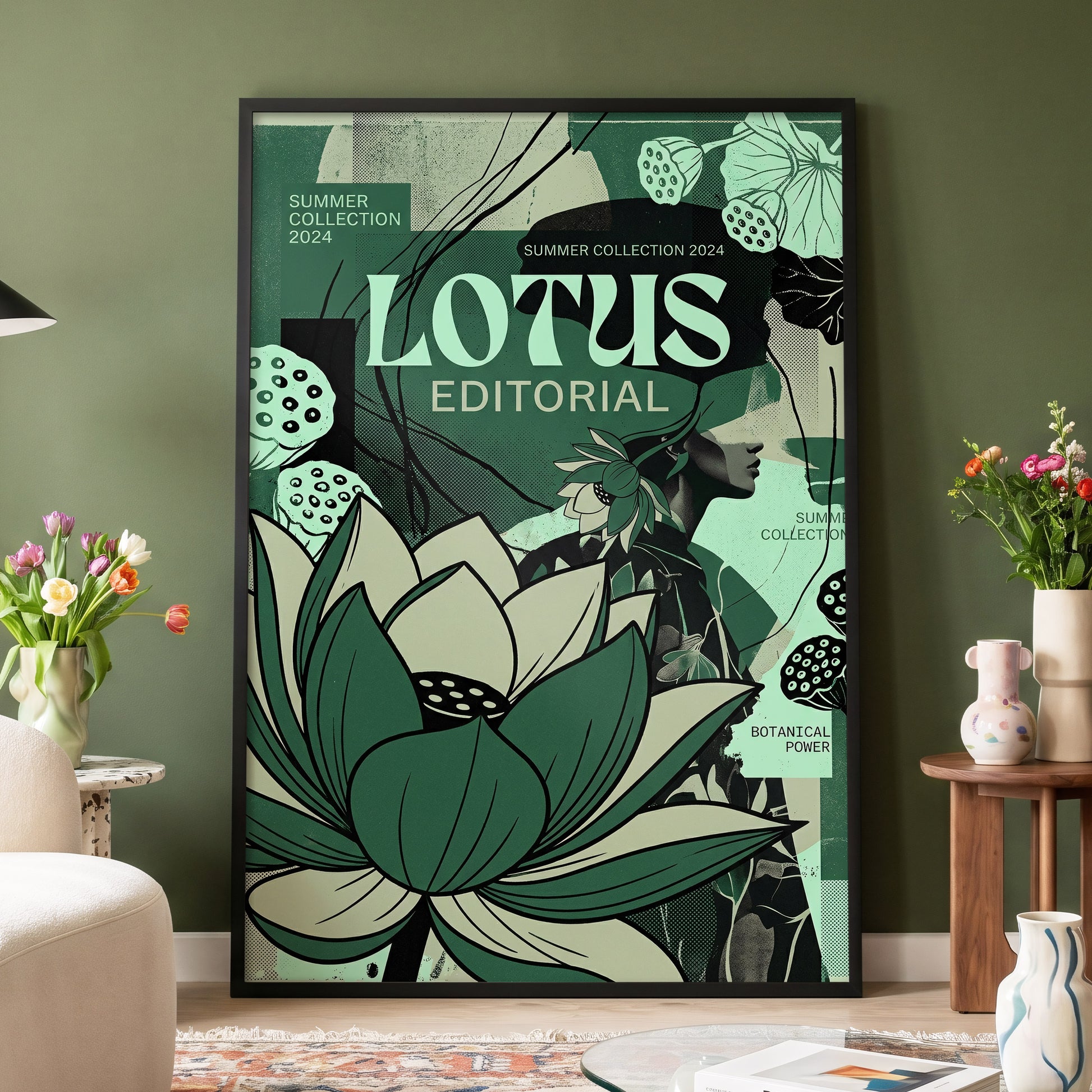 Verdant Lotus Editorial, green, black, beige floral wall art displayed in a styled interior, gallery view 4
