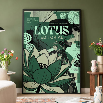 Verdant Lotus Editorial, green, black, beige floral wall art displayed in a styled interior, gallery view 4