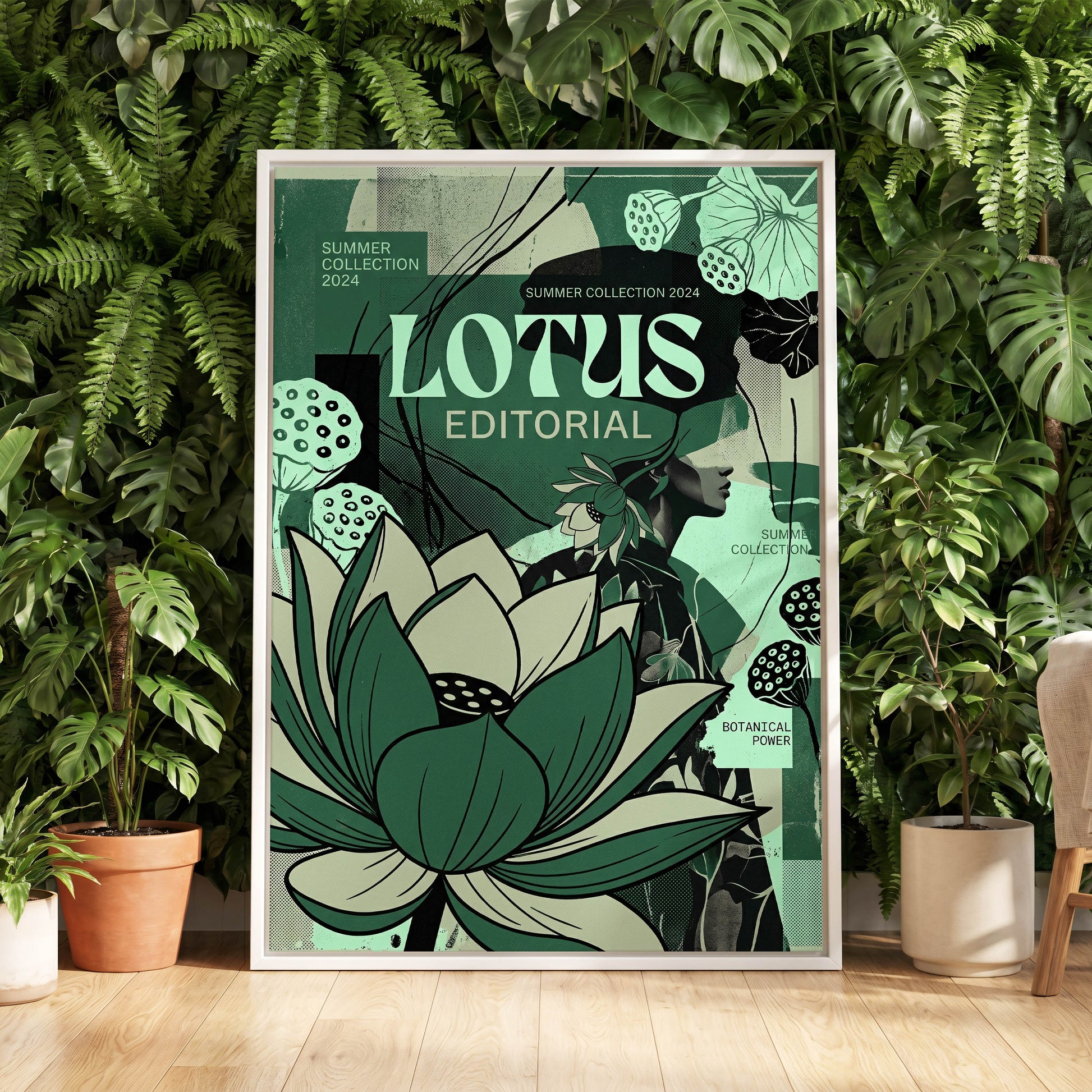 Verdant Lotus Editorial, green, black, beige floral wall art displayed in a styled interior, gallery view 5