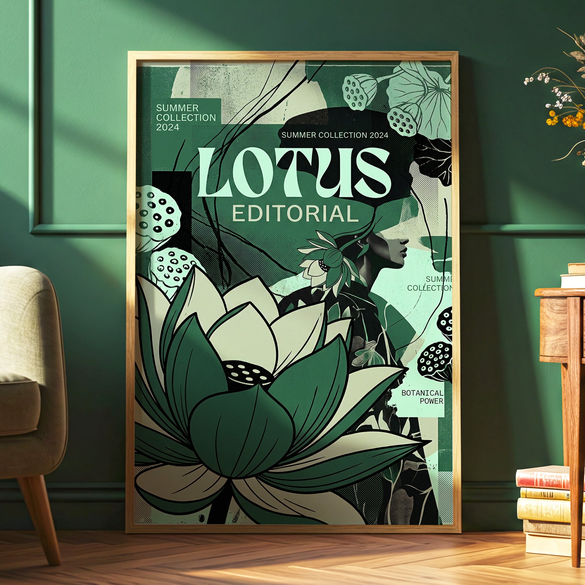 Verdant Lotus Editorial, green, black, beige floral wall art displayed in a styled interior, gallery view 6