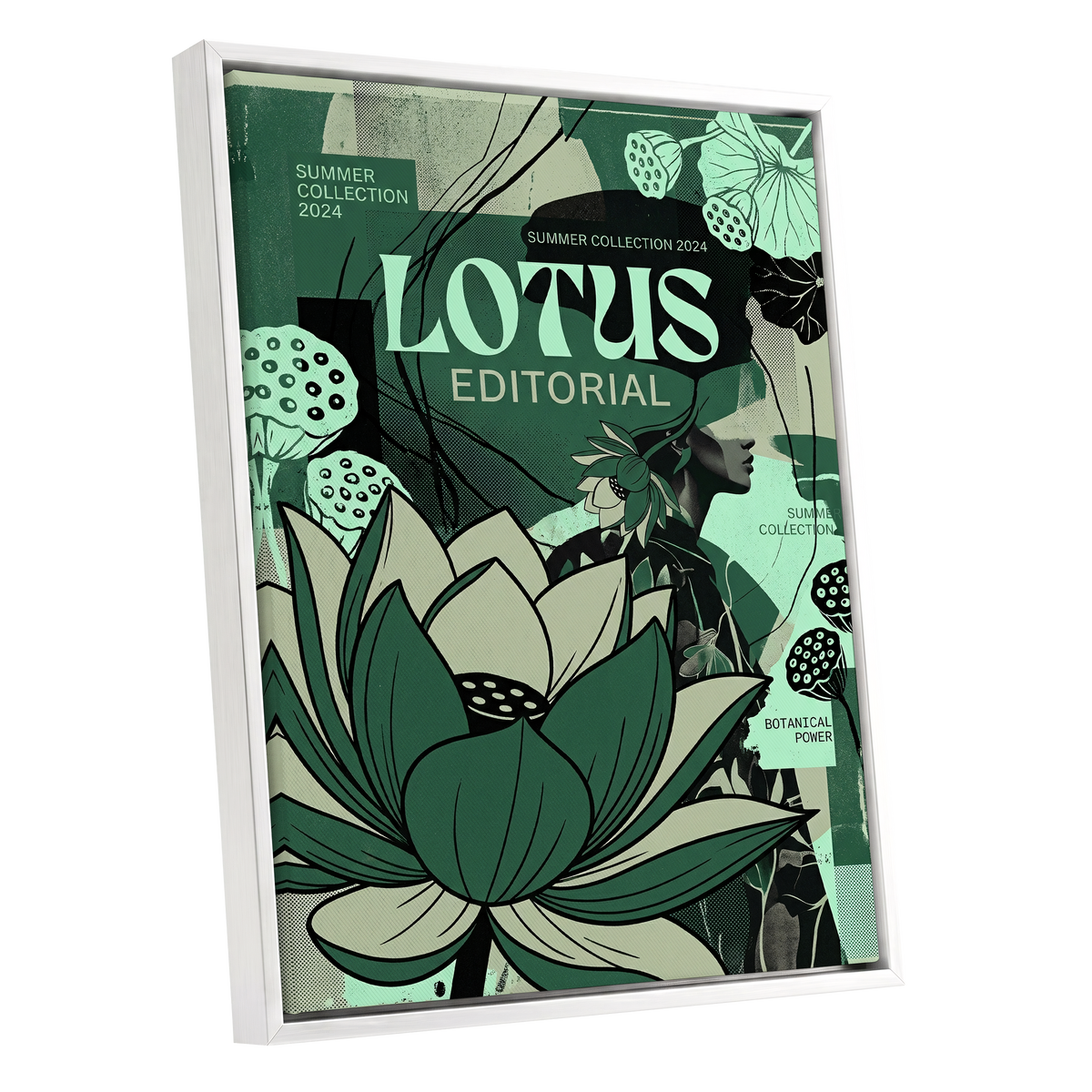 Verdant Lotus Editorial, green, black, beige floral wall art shown as a white framed canvas wall art