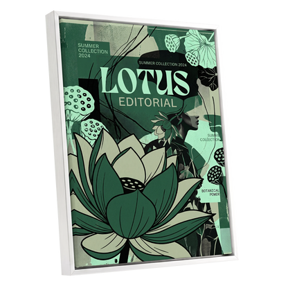 Verdant Lotus Editorial, green, black, beige floral wall art shown as a white framed canvas wall art