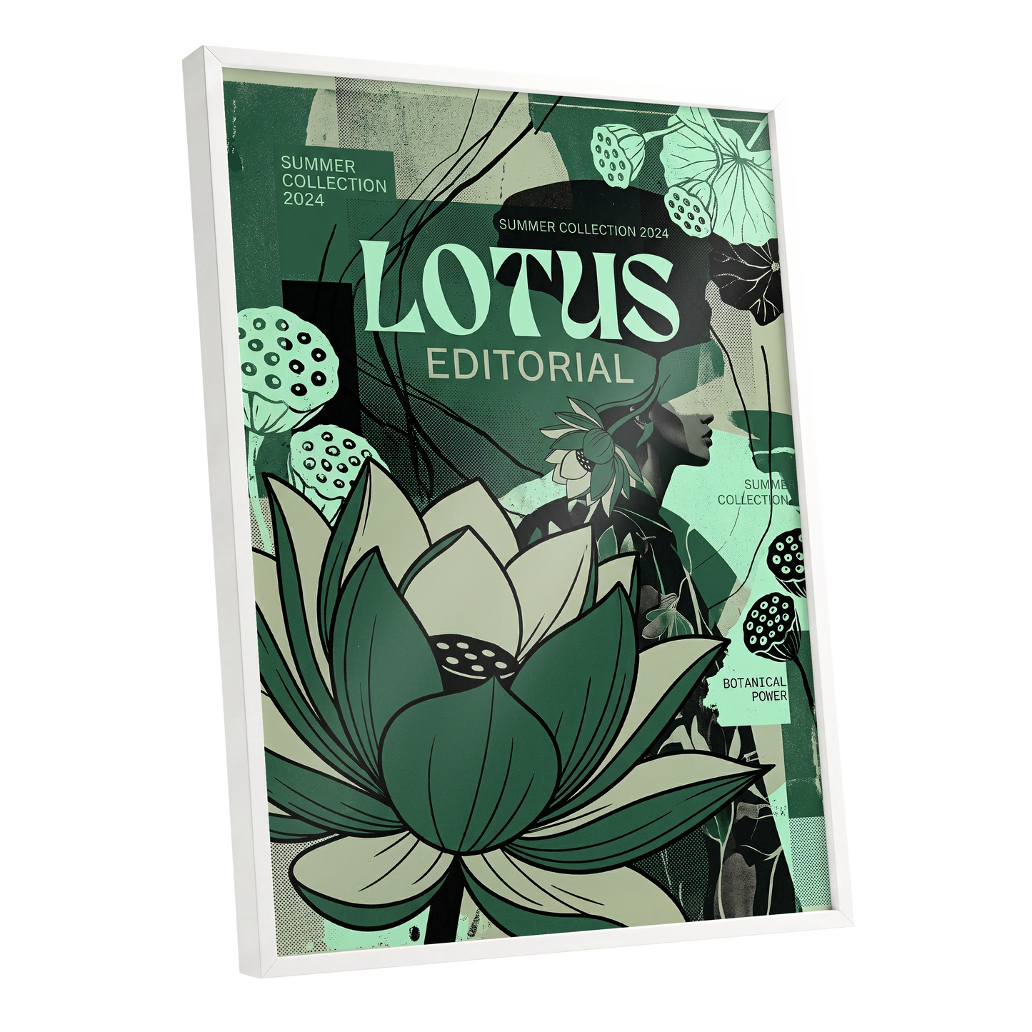 Verdant Lotus Editorial, green, black, beige floral wall art shown as a white framed poster wall art print