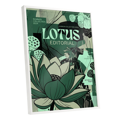 Verdant Lotus Editorial, green, black, beige floral wall art shown as a white framed poster wall art print
