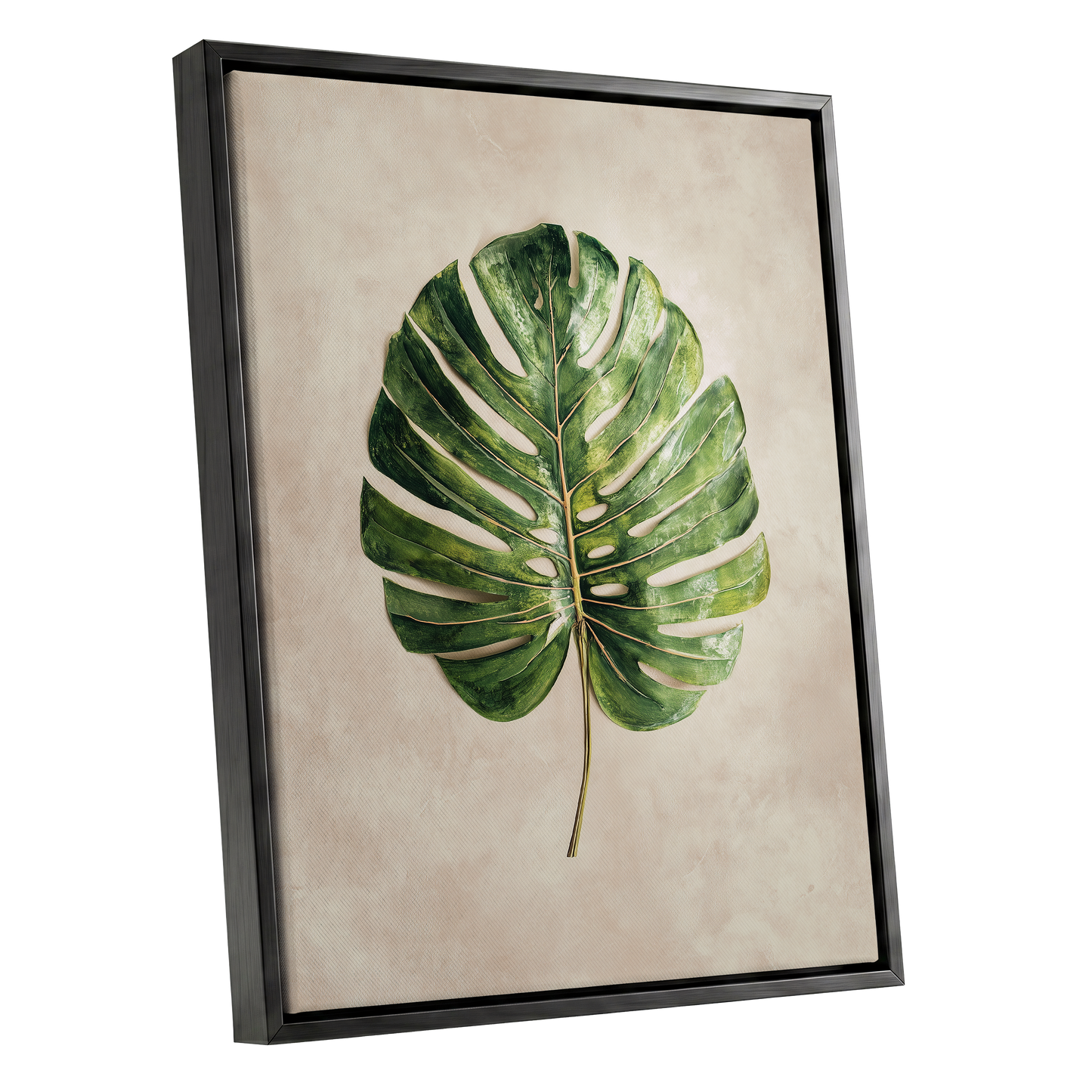 Verdant Monstera, green, beige, brown nature wall art shown as a black framed canvas wall art