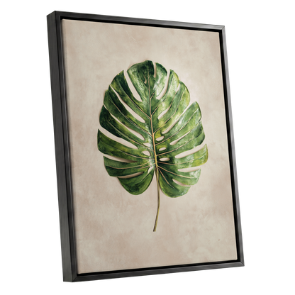 Verdant Monstera, green, beige, brown nature wall art shown as a black framed canvas wall art
