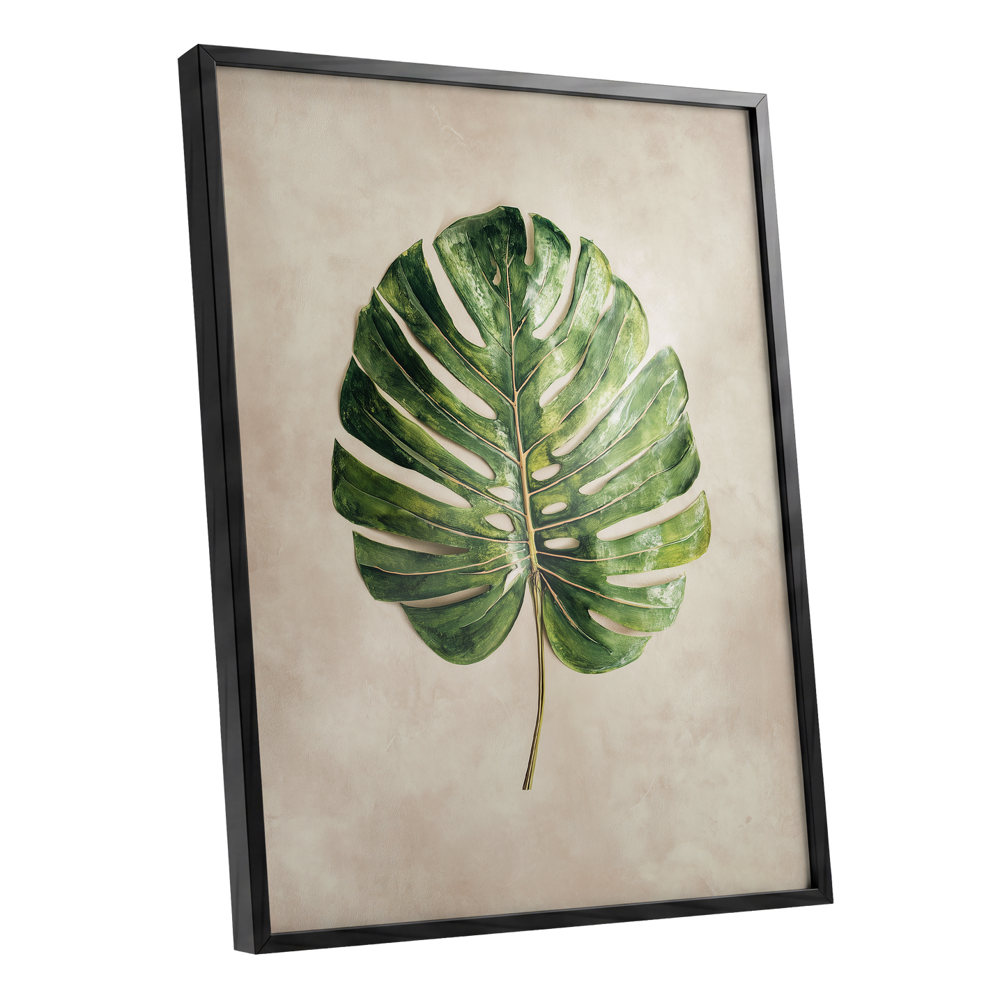 Verdant Monstera, green, beige, brown nature wall art shown as a black framed poster wall art print