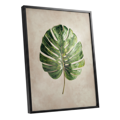 Verdant Monstera, green, beige, brown nature wall art shown as a black framed poster wall art print