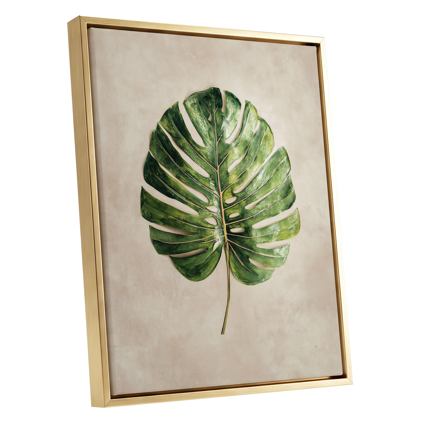 Verdant Monstera, green, beige, brown nature wall art shown as a gold framed canvas wall art