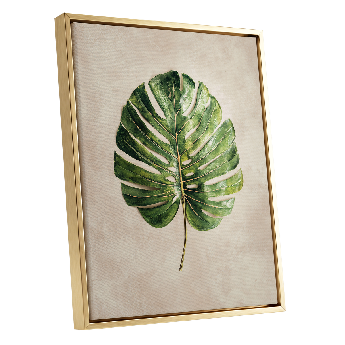 Verdant Monstera, green, beige, brown nature wall art shown as a gold framed canvas wall art