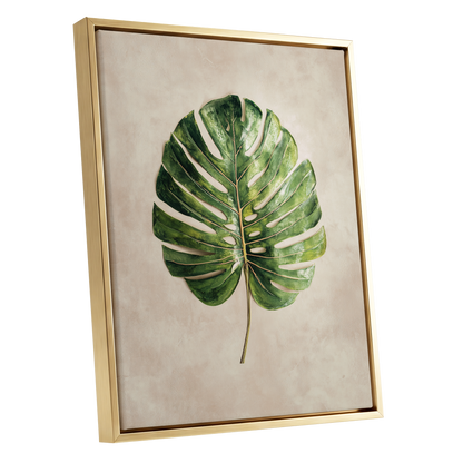 Verdant Monstera, green, beige, brown nature wall art shown as a gold framed canvas wall art