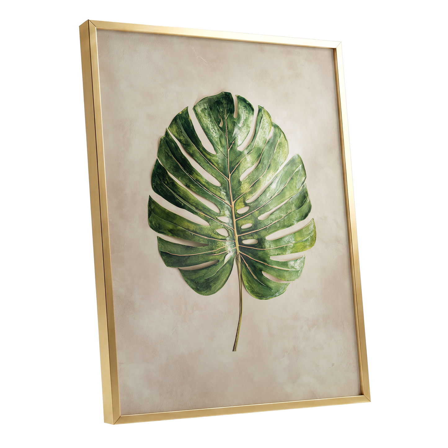 Verdant Monstera, green, beige, brown nature wall art shown as a gold framed poster wall art print