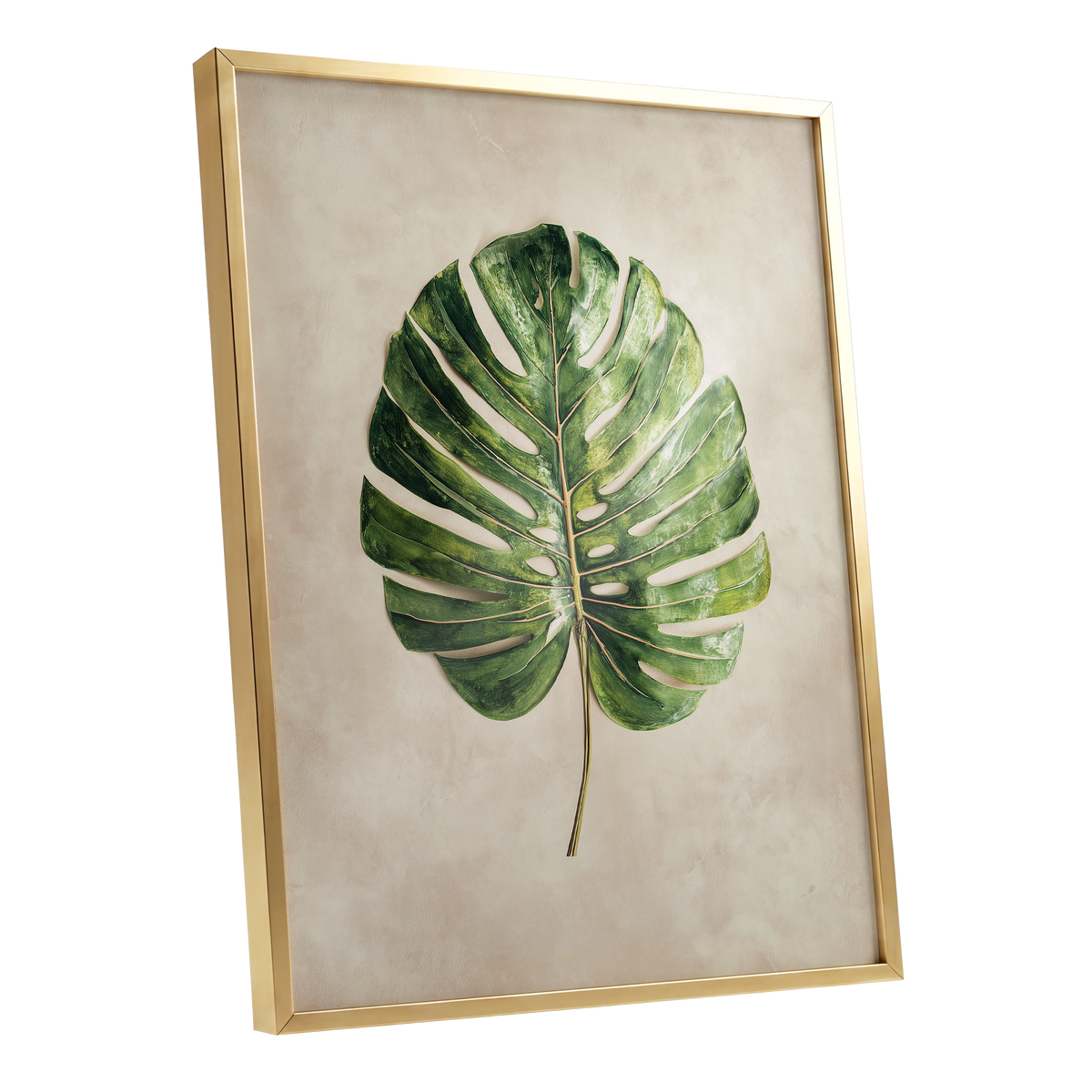 Verdant Monstera, green, beige, brown nature wall art shown as a gold framed poster wall art print