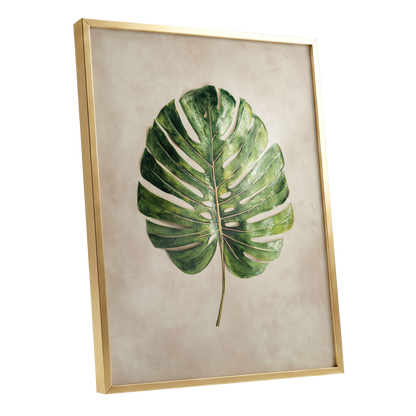 Verdant Monstera, green, beige, brown nature wall art shown as a gold framed poster wall art print