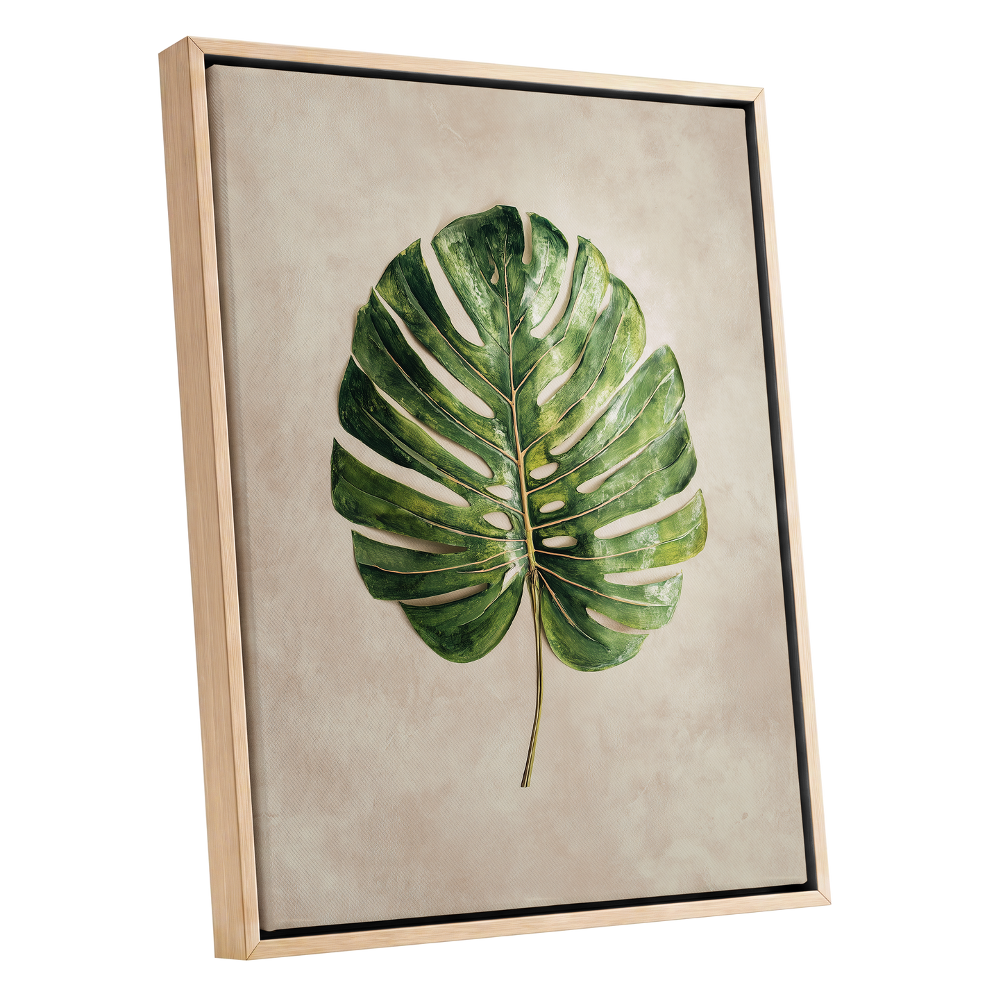 Verdant Monstera, green, beige, brown nature wall art shown as a oak framed canvas wall art