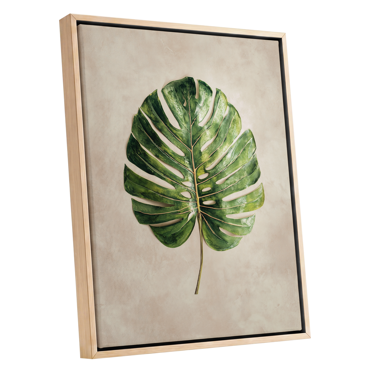 Verdant Monstera, green, beige, brown nature wall art shown as a oak framed canvas wall art