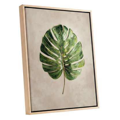Verdant Monstera, green, beige, brown nature wall art shown as a oak framed canvas wall art