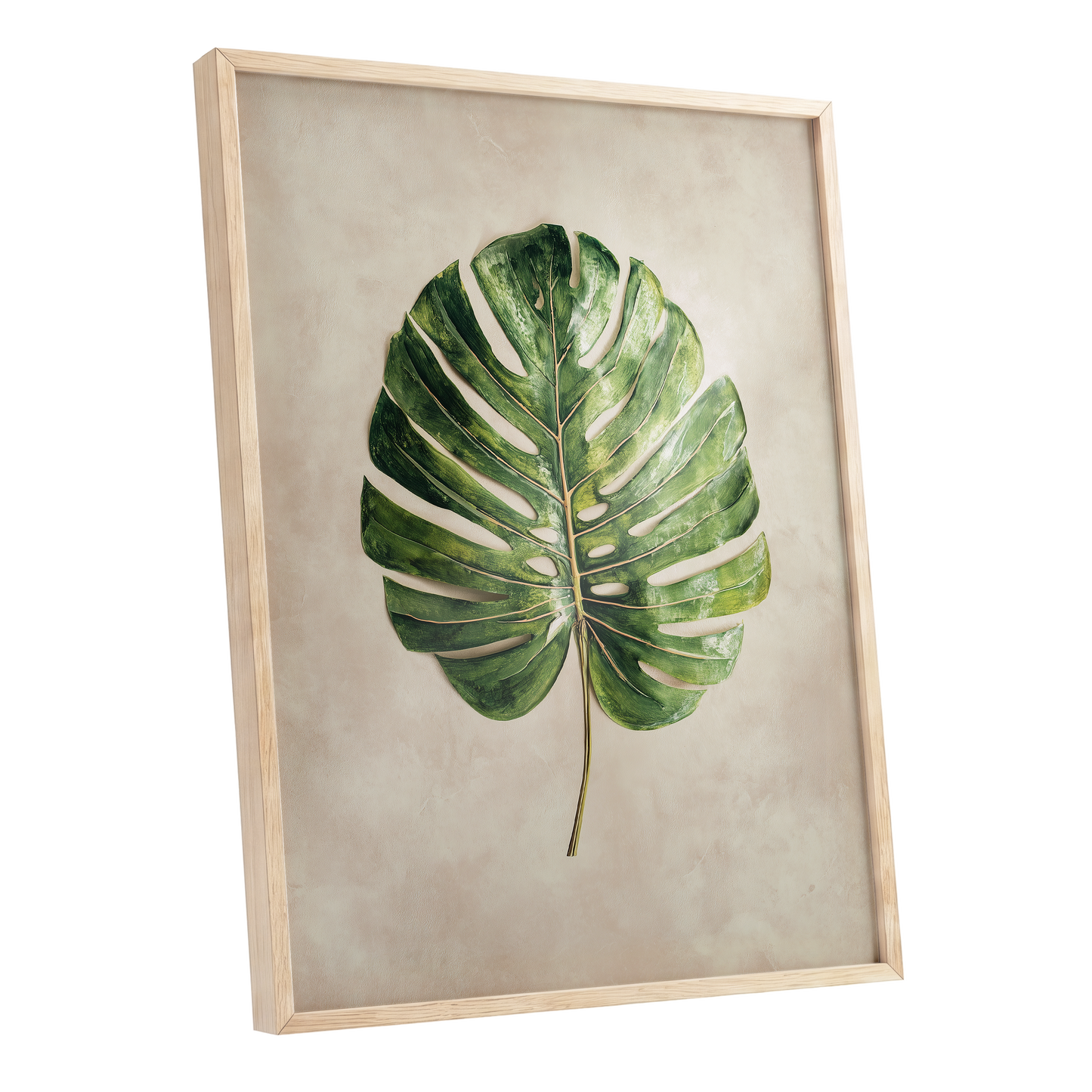 Verdant Monstera, green, beige, brown nature wall art shown as a oak framed poster wall art print
