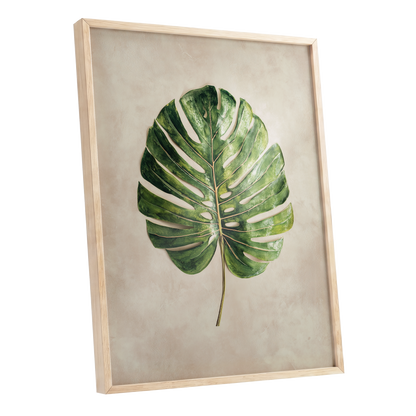 Verdant Monstera, green, beige, brown nature wall art shown as a oak framed poster wall art print