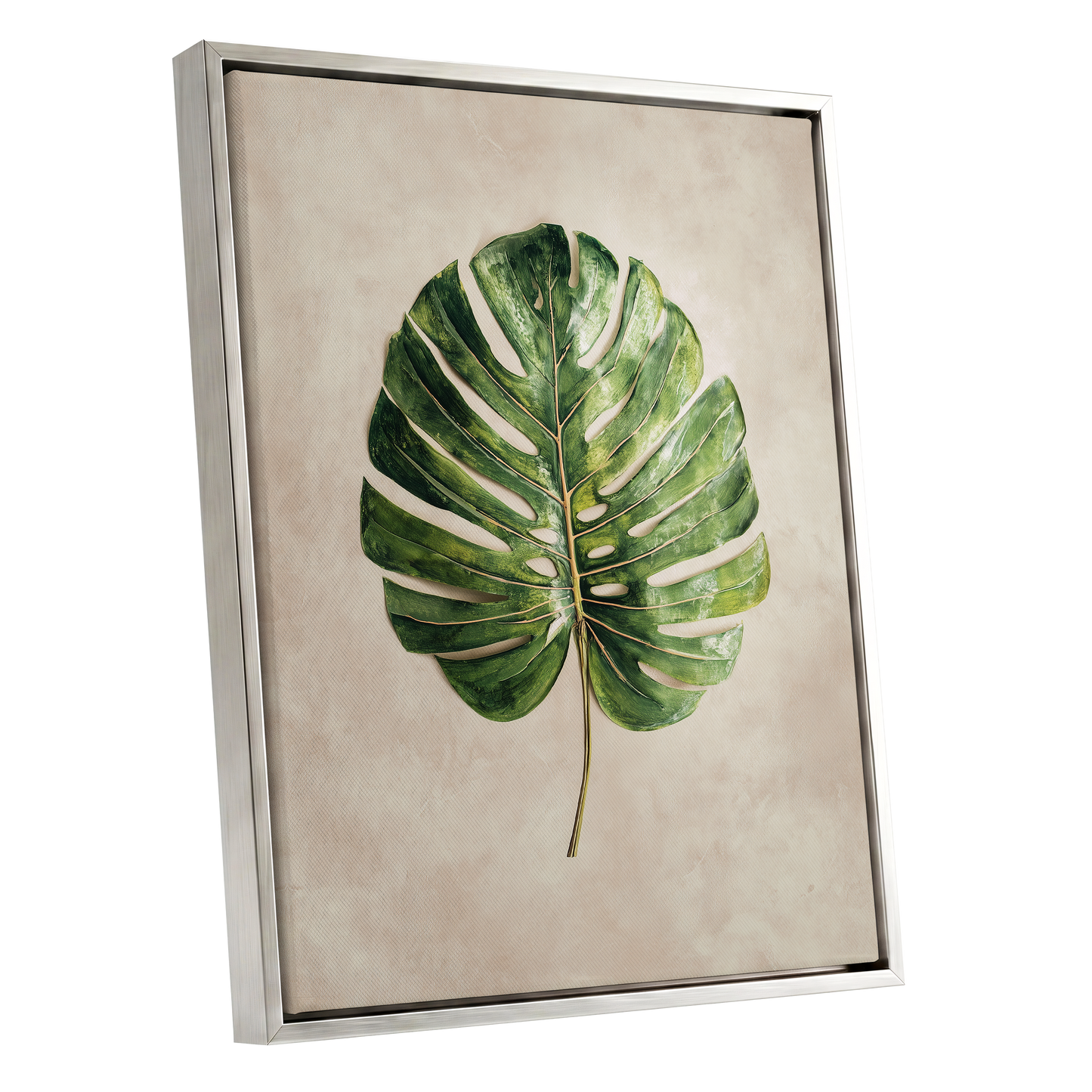 Verdant Monstera, green, beige, brown nature wall art shown as a silver framed canvas wall art